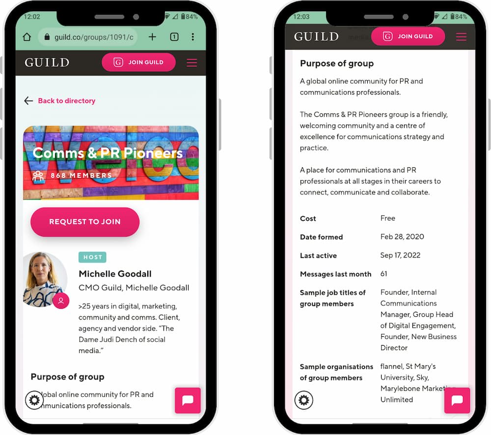Mobile phone screens showing the Guild directory listing for the Comms & PR Pioneers community