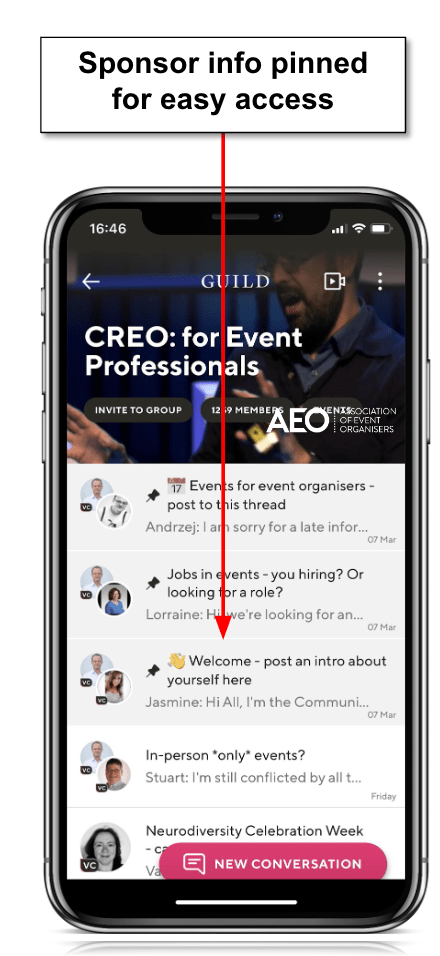 A mobile phone screen showing the CREO community on Guild with a sponsor introduction post