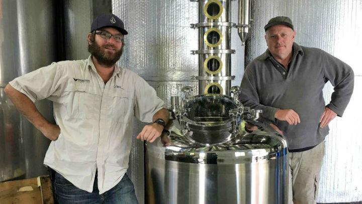 Greg Garnish and senior winemaker Bernie Stanlake with the Harmans Pisco still.
