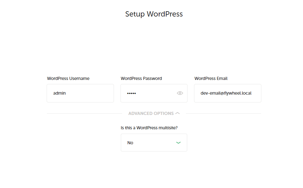 Local wordpress setup screen