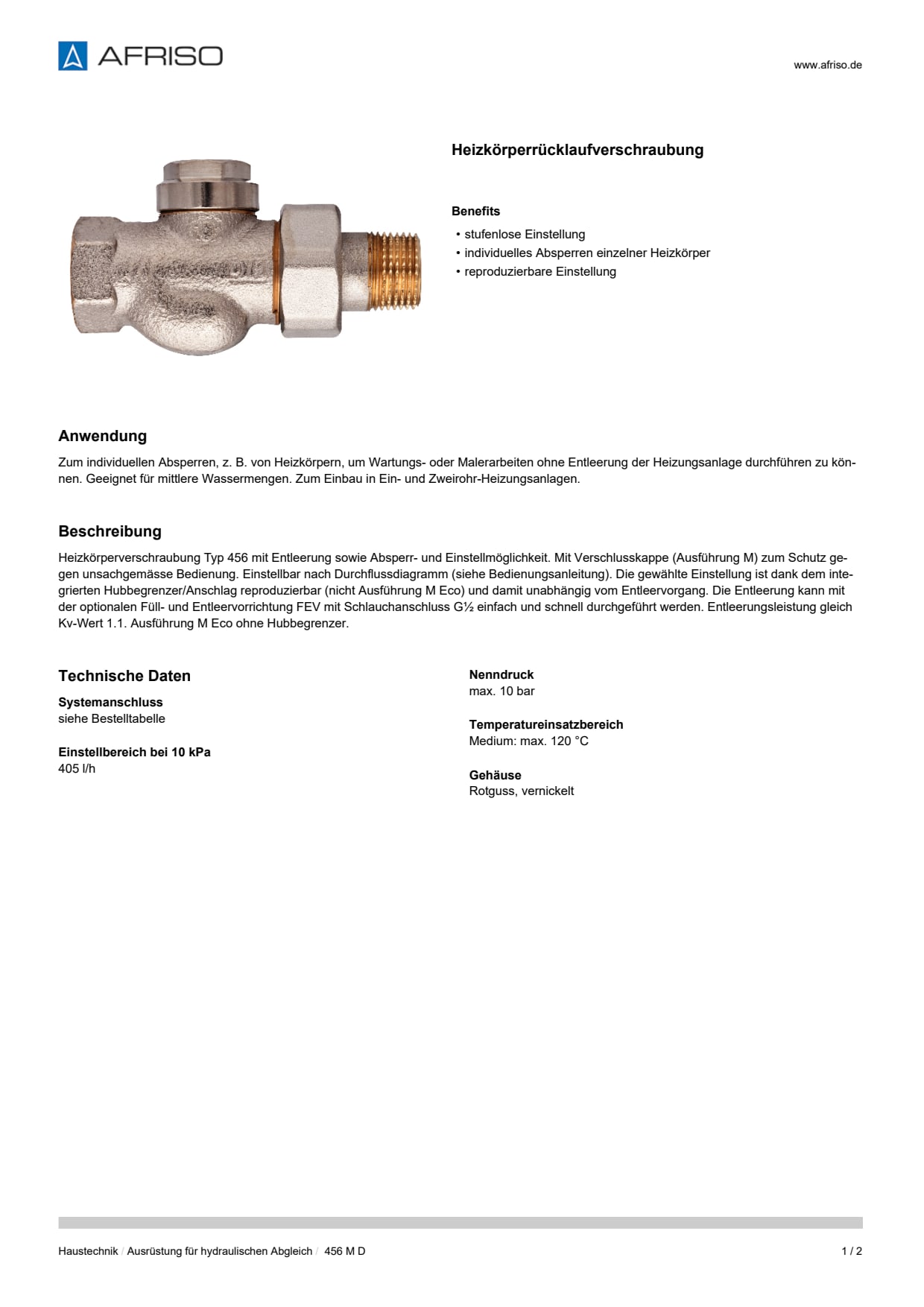 AFRISO_DATENBLATT_HEIZKOERPERRUECKLAUFVERSCHRAUBUNG_456-M-D_P9208_DEU_CHE.PDF
