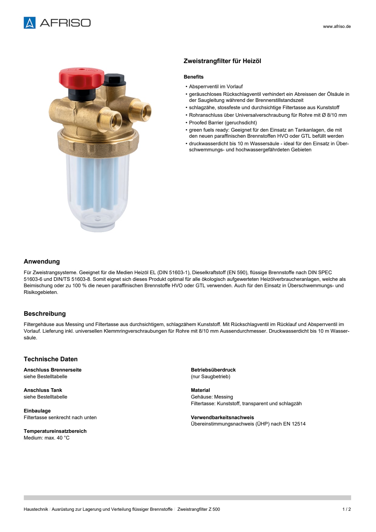AFRISO_DATENBLATT_ZWEISTRANGFILTER-FUER-HEIZOEL_ZWEISTRANGFILTER-Z-500_P31660_DEU_CHE.PDF