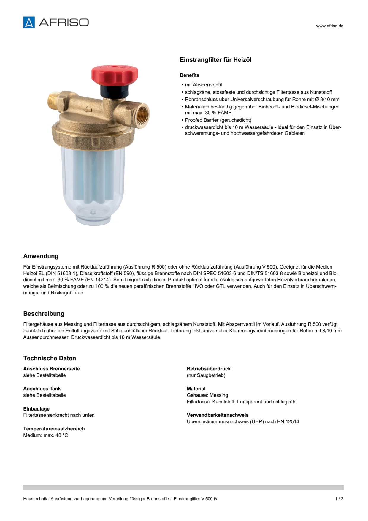 AFRISO_DATENBLATT_EINSTRANGFILTER-FUER-HEIZOEL_EINSTRANGFILTER-V-500-I-A_P31650_DEU_CHE.PDF