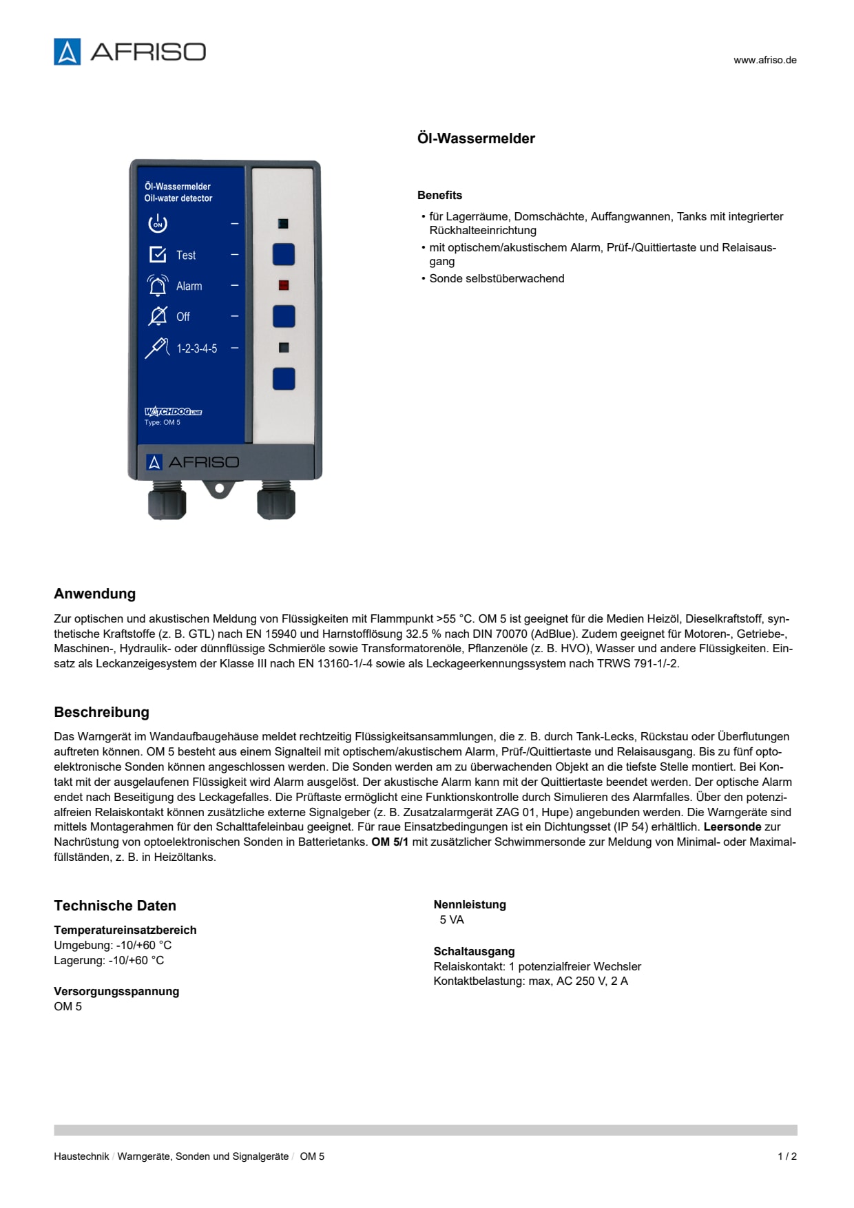 AFRISO_DATENBLATT_OEL-WASSERMELDER_OM-5_P31307_DEU_CHE.PDF