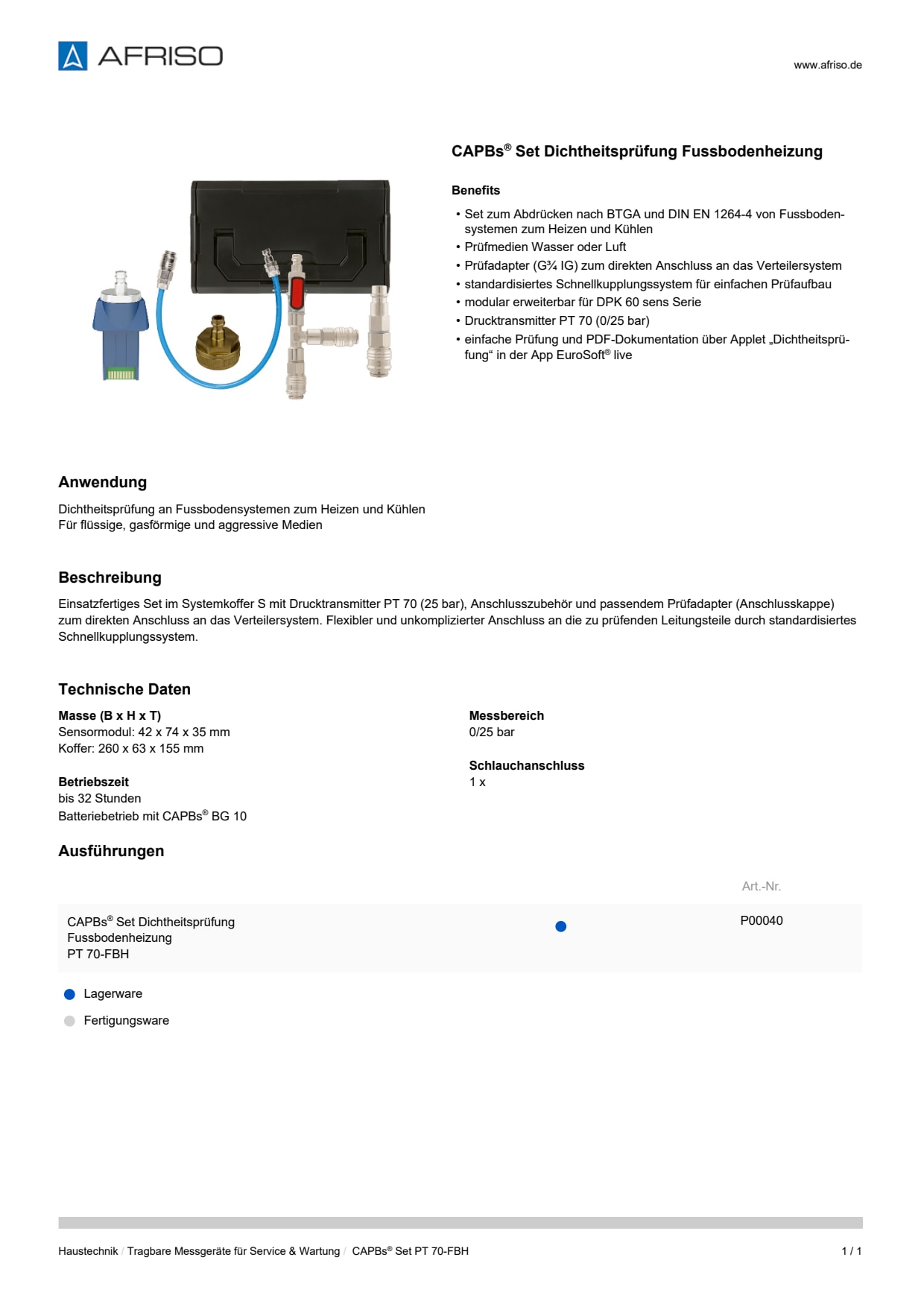 AFRISO_DATENBLATT_CAPBS-SET-DICHTHEITSPRUEFUNG-FUSSBODENHEIZUNG_CAPBS-SET-PT-70-FBH_P58549_DEU_CHE.PDF
