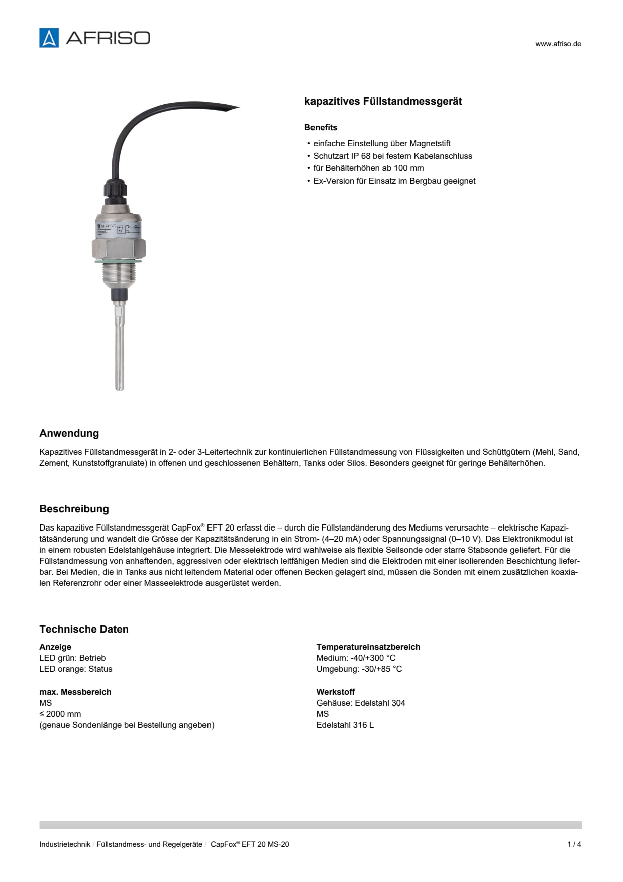 AFRISO_DATENBLATT_KAPAZITIVES-FUELLSTANDMESSGERAET_CAPFOX-EFT-20-MS-20_P58423_DEU_CHE.PDF