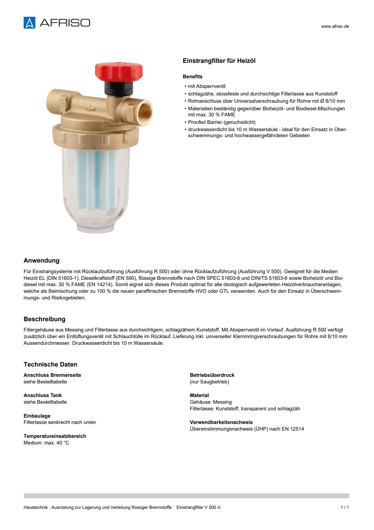 AFRISO_DATENBLATT_EINSTRANGFILTER-FUER-HEIZOEL_EINSTRANGFILTER-V-500-I-I_P61647_DEU_CHE.PDF