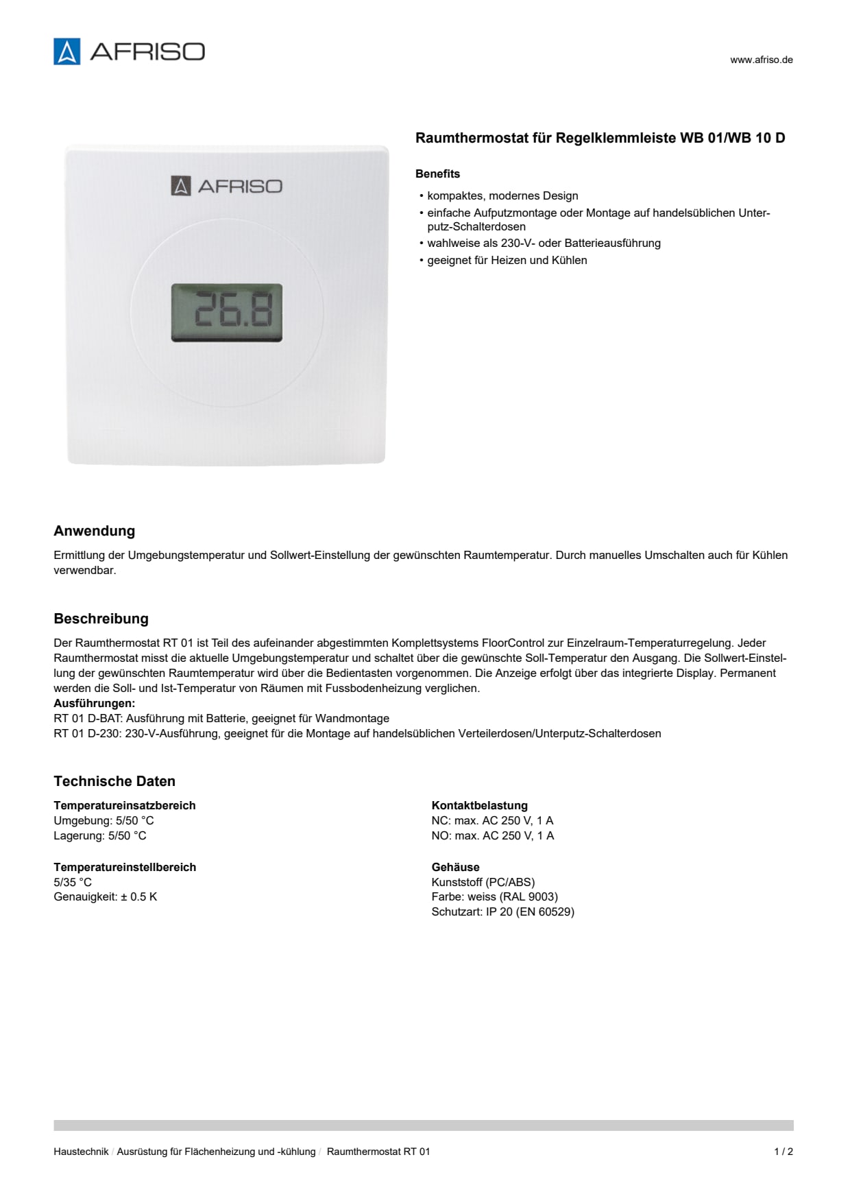 AFRISO_DATENBLATT_RAUMTHERMOSTAT-FUER-REGELKLEMMLEISTE-WB-01-WB-10-D_RAUMTHERMOSTAT-RT-01_P60129_DEU_CHE.PDF