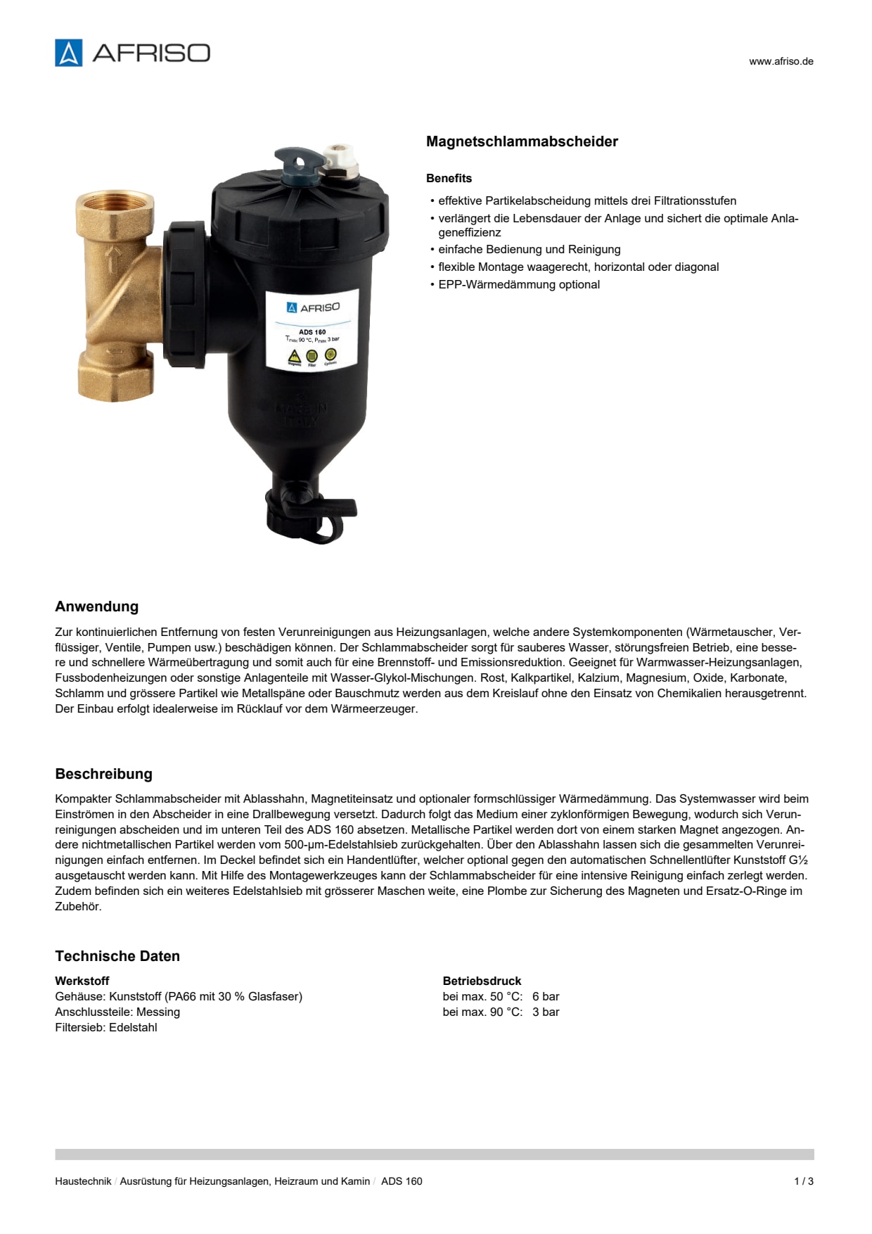 AFRISO_DATENBLATT_MAGNETSCHLAMMABSCHEIDER_ADS-160_P63644_DEU_CHE.PDF