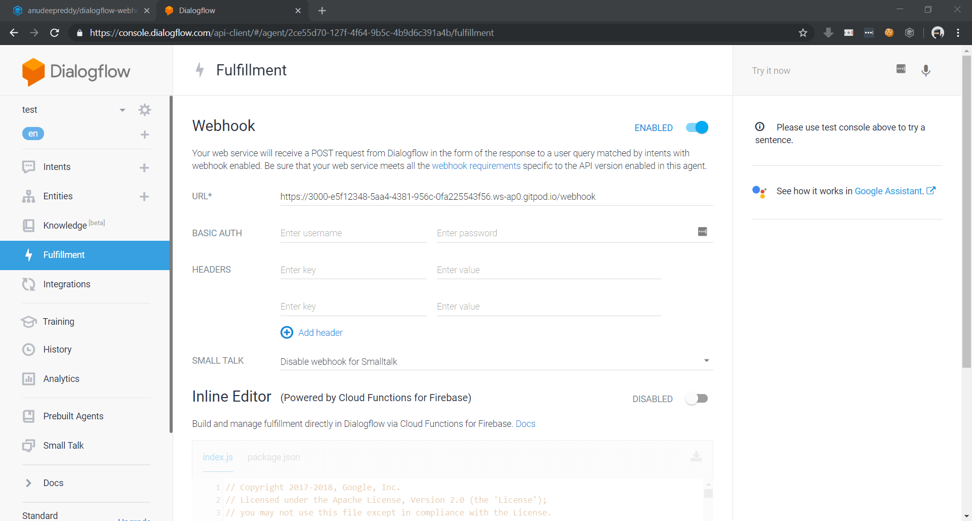 Dialogflow console Fullfillments section