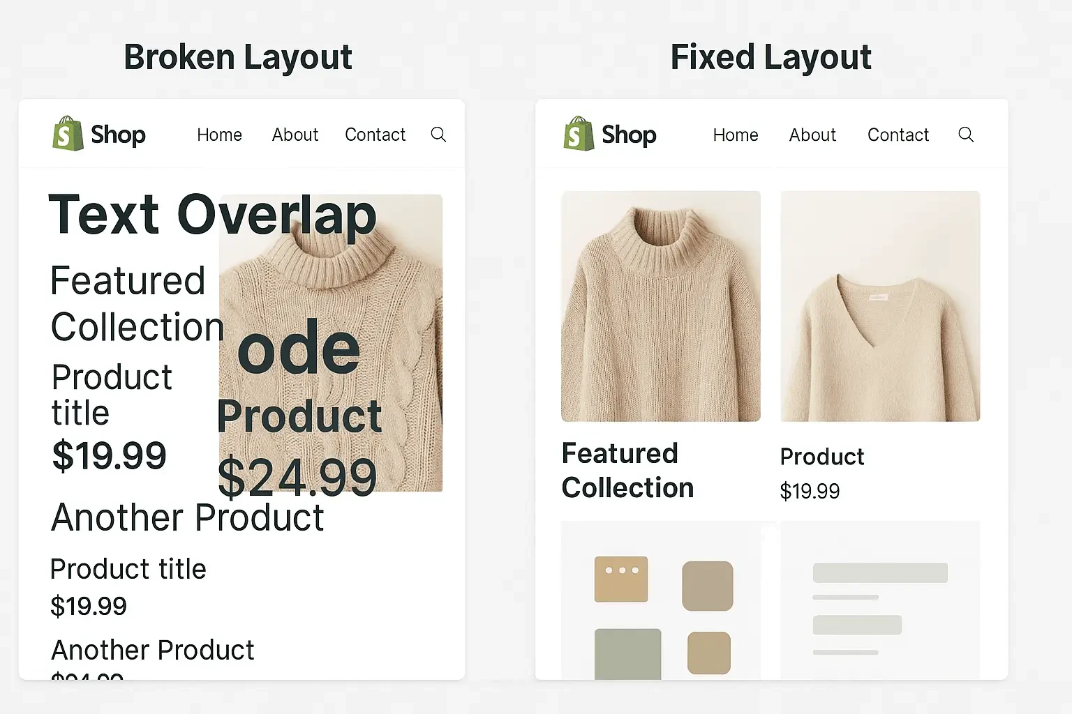 Side-by-side store mockups showing a broken Shopify layout with overlapping text and images on the left, and a fixed clean layout on the right.