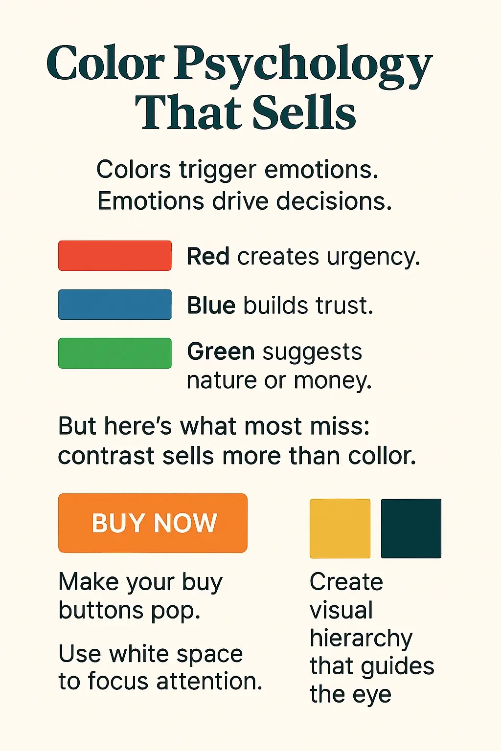 Infographic showing color psychology for ecommerce: red for urgency, blue for trust, green for money/nature, and contrast for effective CTAs