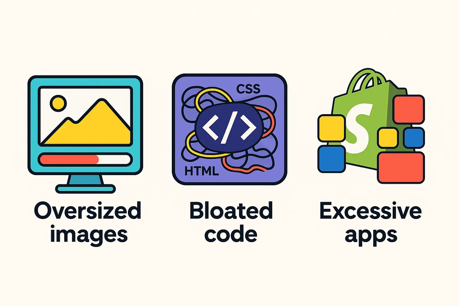 Infographic showing oversized image with slow progress bar, messy code with tangled lines, and app store icon with too many stacked apps.