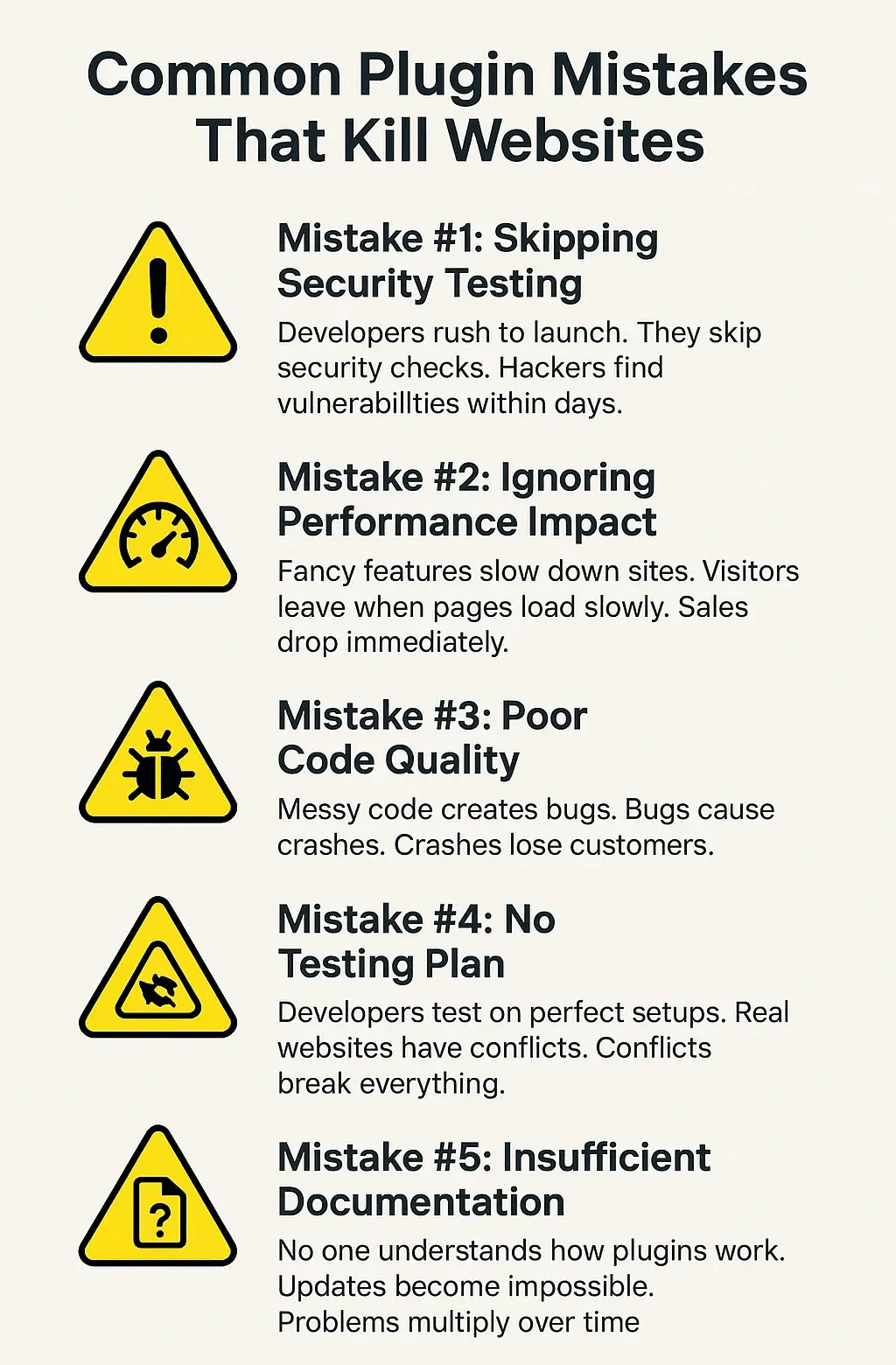 Warning-themed infographic titled 'Common Plugin Mistakes That Kill Websites' with five bright yellow hazard icons next to each critical mistake. Mistakes include skipping security, ignoring performance, poor code quality, lack of real testing, and missing documentation. Each mistake has a short explanation under its heading.