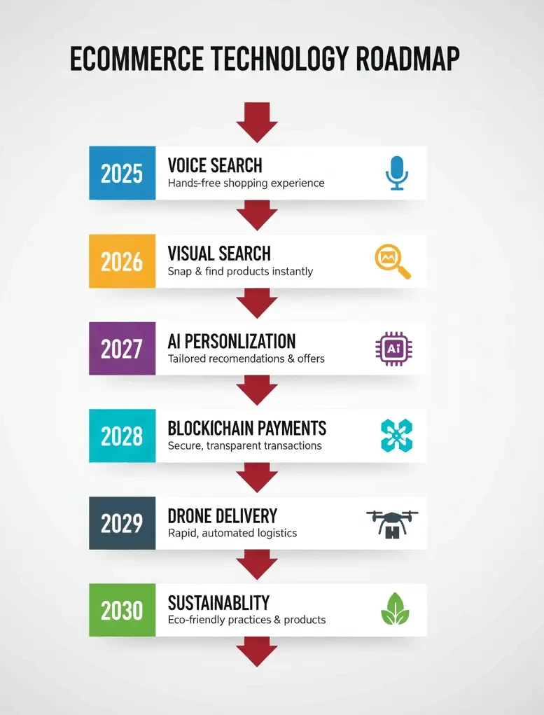 Vertical ecommerce roadmap infographic from 2025 to 2030 showing adoption of voice search, visual search, AI personalization, blockchain payments, drone delivery, and sustainability.