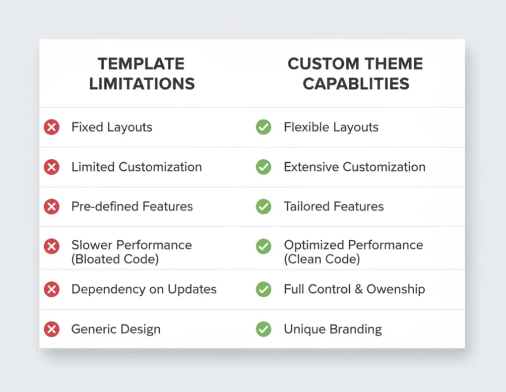 Comparison: templates have fixed layouts, limited customization, and slower performance; custom themes offer flexible layouts, tailored features, optimized performance, and unique branding.