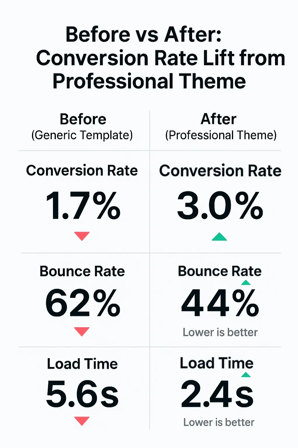 Chart comparing generic templates (1.7% conversion, 62% bounce, 5.6s load) versus professional themes (3% conversion, 44% bounce, 2.4s load).