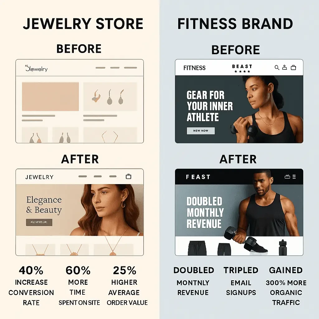 Case study results showing before and after metrics for custom Shopify design transformations.