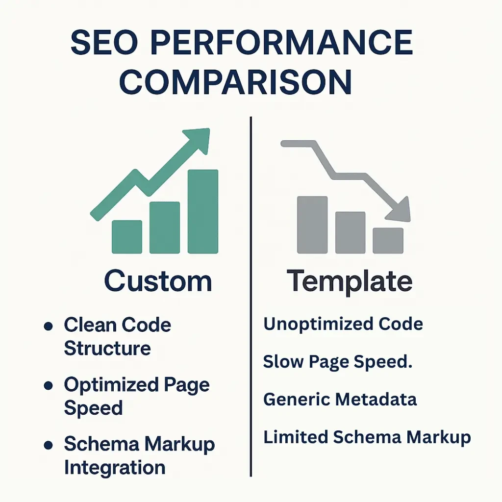 SEO performance comparison graph showing custom Shopify designs ranking higher than templates.