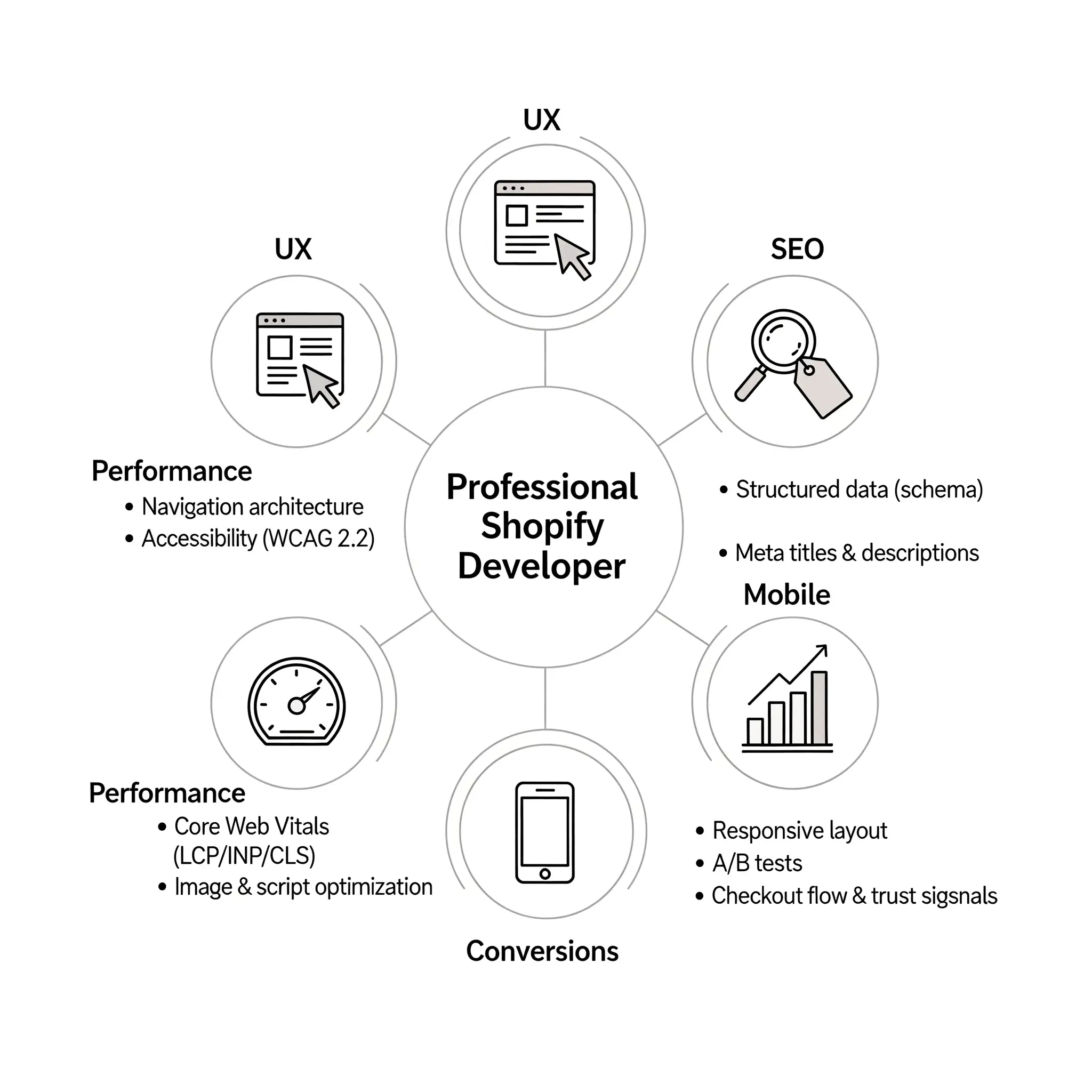 Infographic showing benefits of hiring a Shopify theme expert, including structured SEO, responsive mobile layouts, optimized performance, and improved user experience.