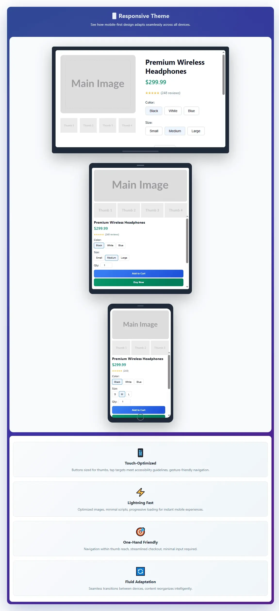 Responsive Shopify theme mockups on desktop, tablet, and mobile showcasing product page layout with touch-optimized buttons, lightning-fast loading, one-hand friendly navigation, and fluid adaptation across devices.