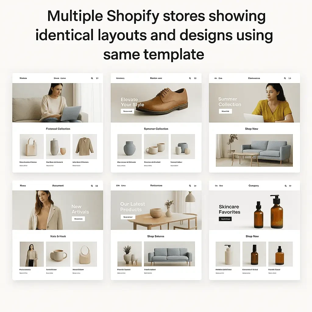 Multiple Shopify stores showing identical layouts and designs using same template.