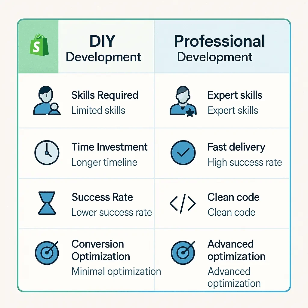 Comparison chart displaying skill requirements, time investment, and success rates between DIY and professional Shopify theme development.