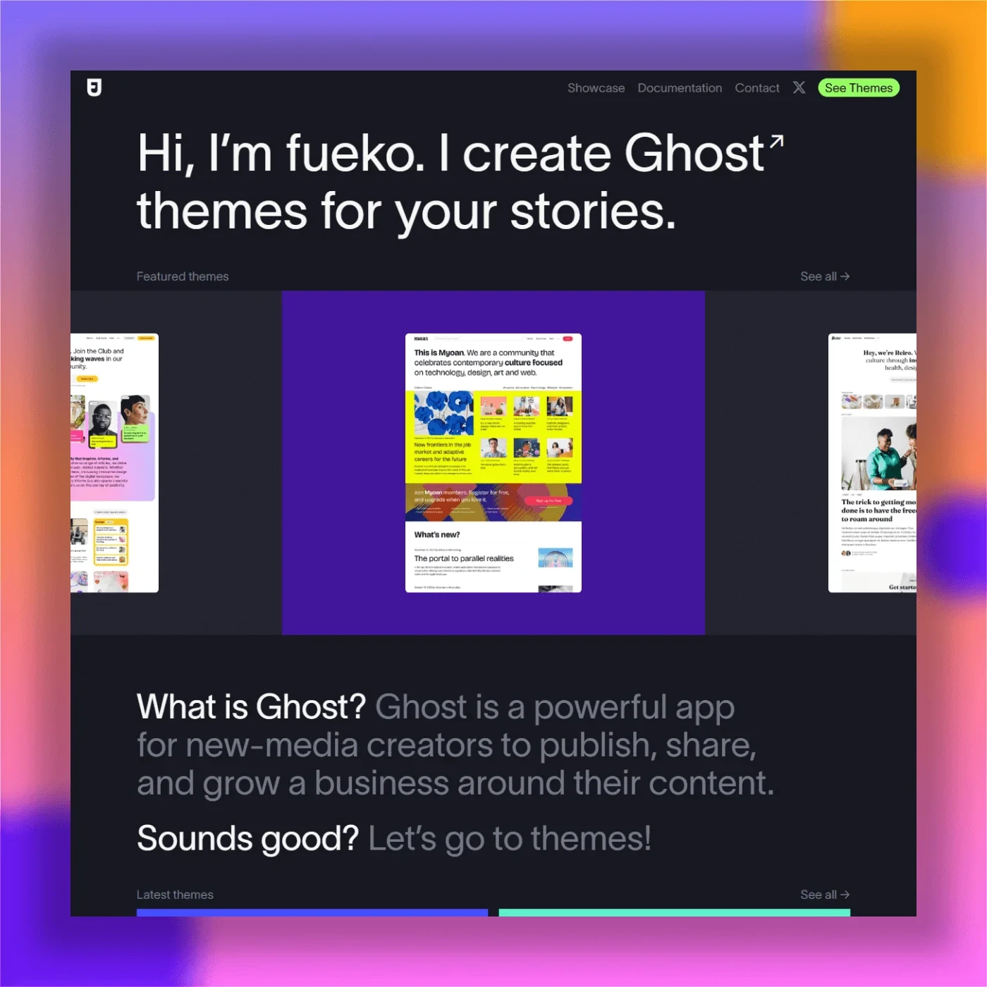 Fueko's personal brand website, advertising his modern, clean Ghost themes designed specifically for publishers' stories.
