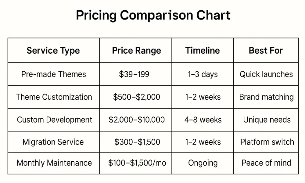 Ghost theme development pricing comparison chart showing costs for pre-made themes, custom development, and maintenance services in 2025