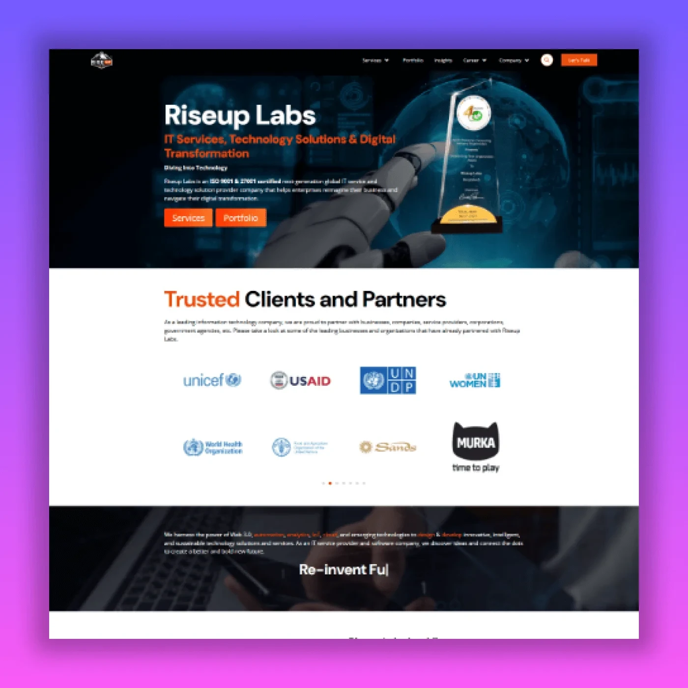 Riseup Labs Bangladesh homepage showing startup MVP development services and international client partnerships