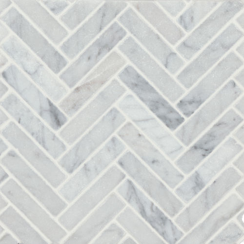 Suave Tumbled 1" X 4" Marble Herringbone Mosaic in White Carrara