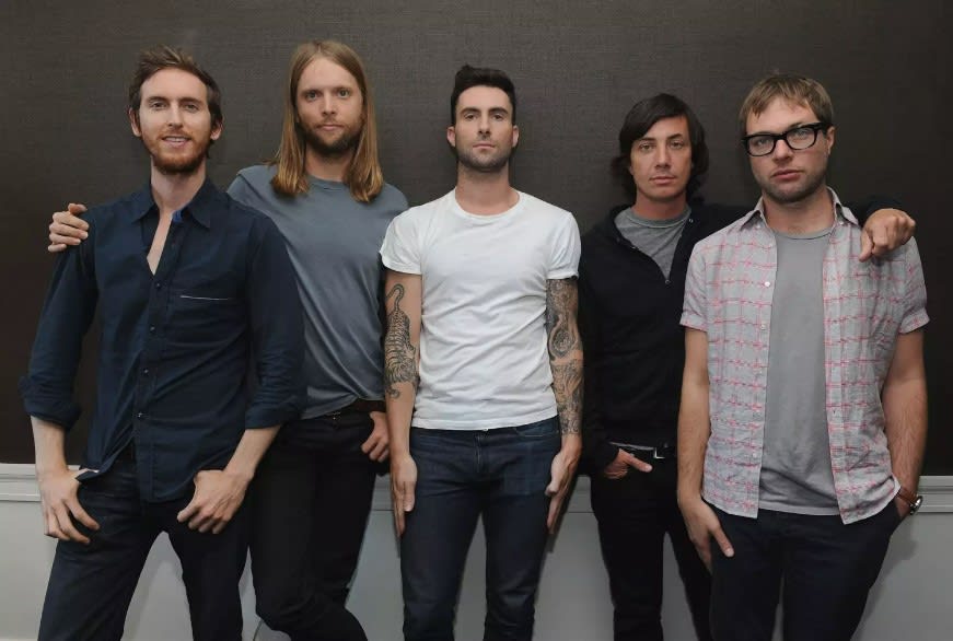 Maroon 5 band members from left to right: Jesse Carmichael, James Valentine, Adam Levine, Matt Flynn, Mickey Madden.
