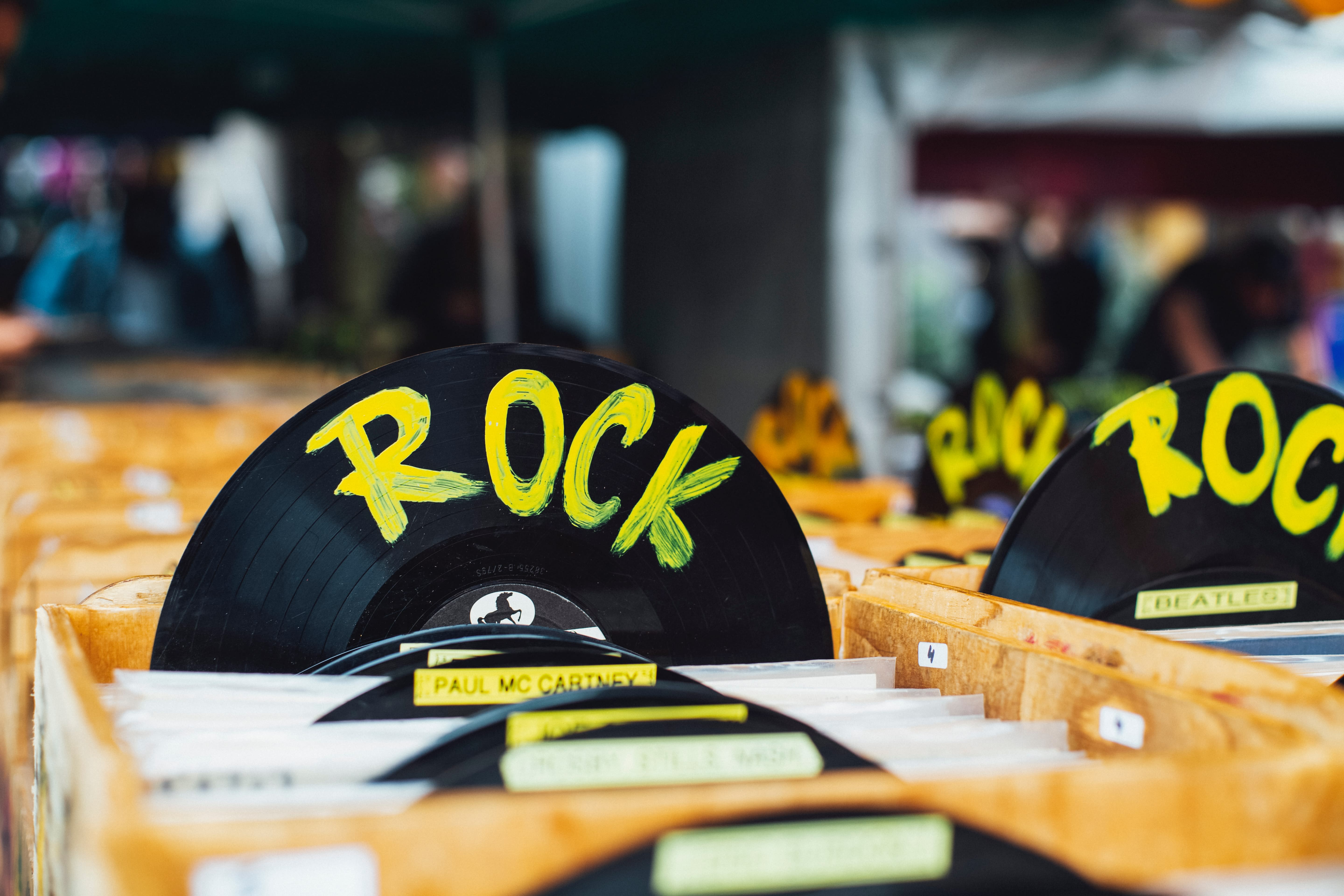 Rock records in a record shop.