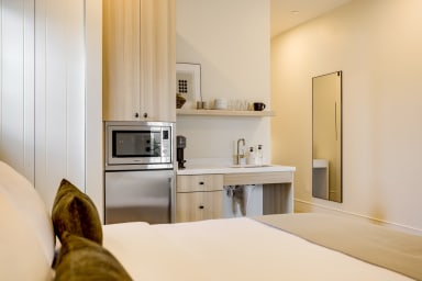 King-size bed, sleeps 2 and Kitchenette with Nespresso and Mini Fridge