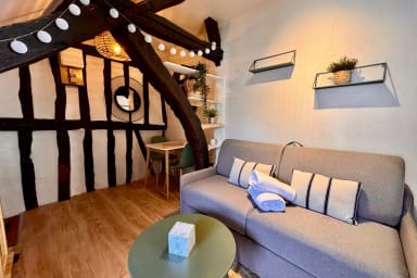 Main living room with sofa bed, TV and kitchenette