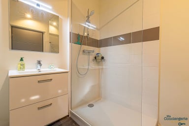salle d'eau, lavabo, miroir et douche