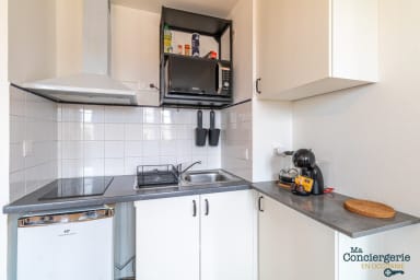 Kitchenette équipée avec plaque de cuisson, micro onde, une bouilloire,...