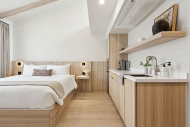 King-size bed, sleeps 2 and Kitchenette with Nespresso and Mini Fridge