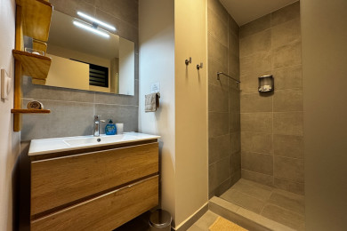 Douche à l'italienne avec distributeur de savon/shampoing/conditionner. Sèche...