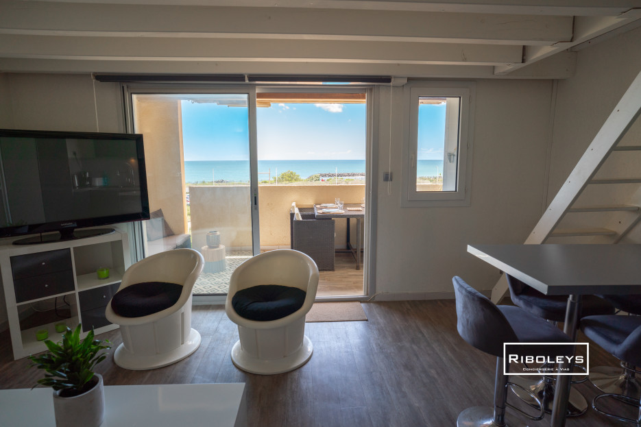 Salon climatisé avec TV et WIFI, vue sur la Méditerranée.