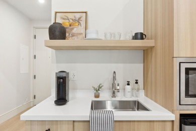 Kitchenette: Nespresso, mini-fridge, air-fryer microwave, plates, no stove