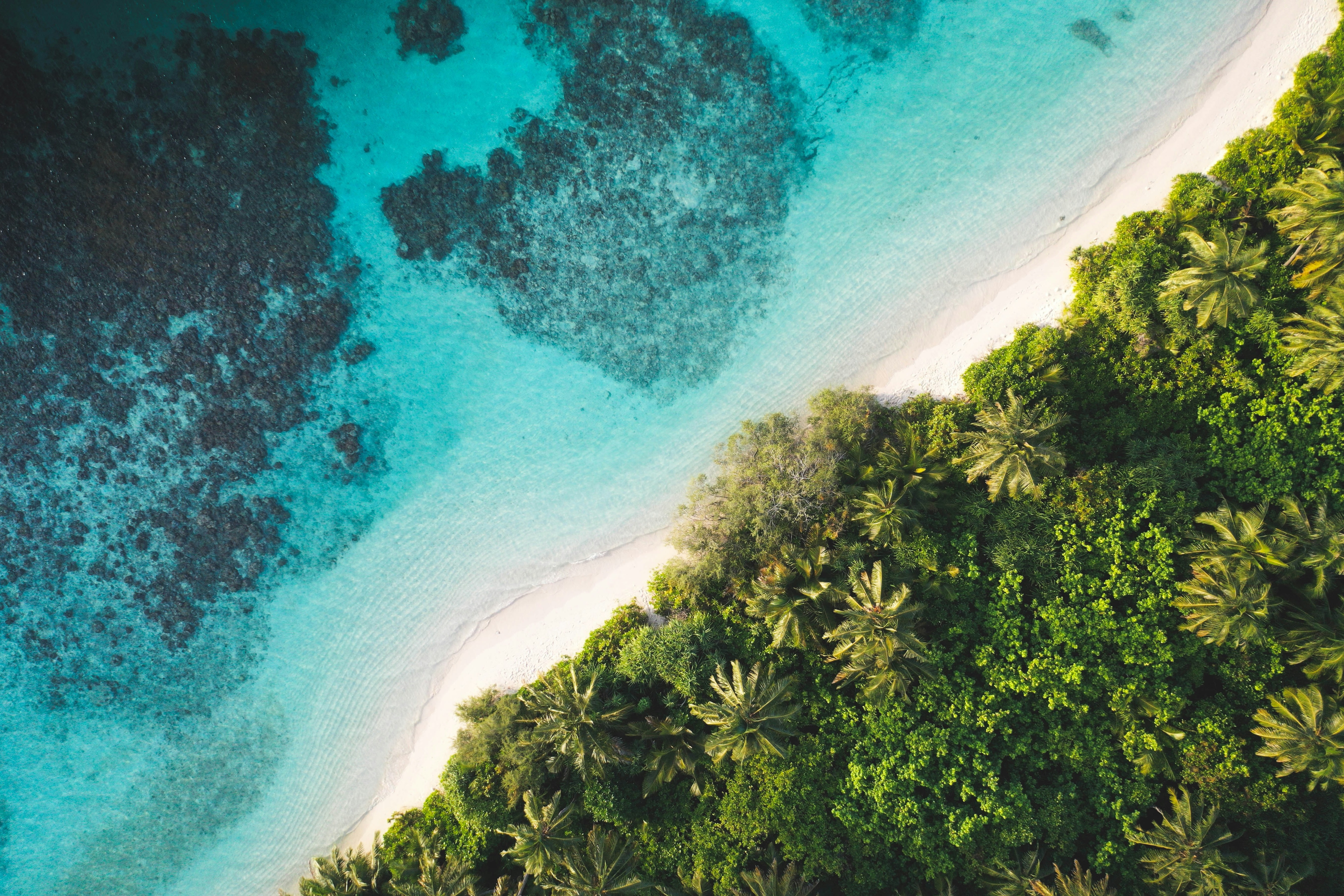 Vue aérienne d’un lagon bordé de végétation tropicale
