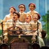 Back row: Harrison Slater (Jack Llewelyn Davies), Theo Fewell (Peter Llewelyn Davies), Josh Swinney (George Llewelyn Davies). Front: Julian Ovenden (J M Barrrie), Rosalie Craig (Sylvia Llewelyn Davies)and Morgan Heath (Michael Llewelyn Davies)