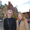 Tamsin Austin and Marie Nixon in front of Sunderland Empire, performance venue and pub The Dun Cow and the new Fire Station Auditorium