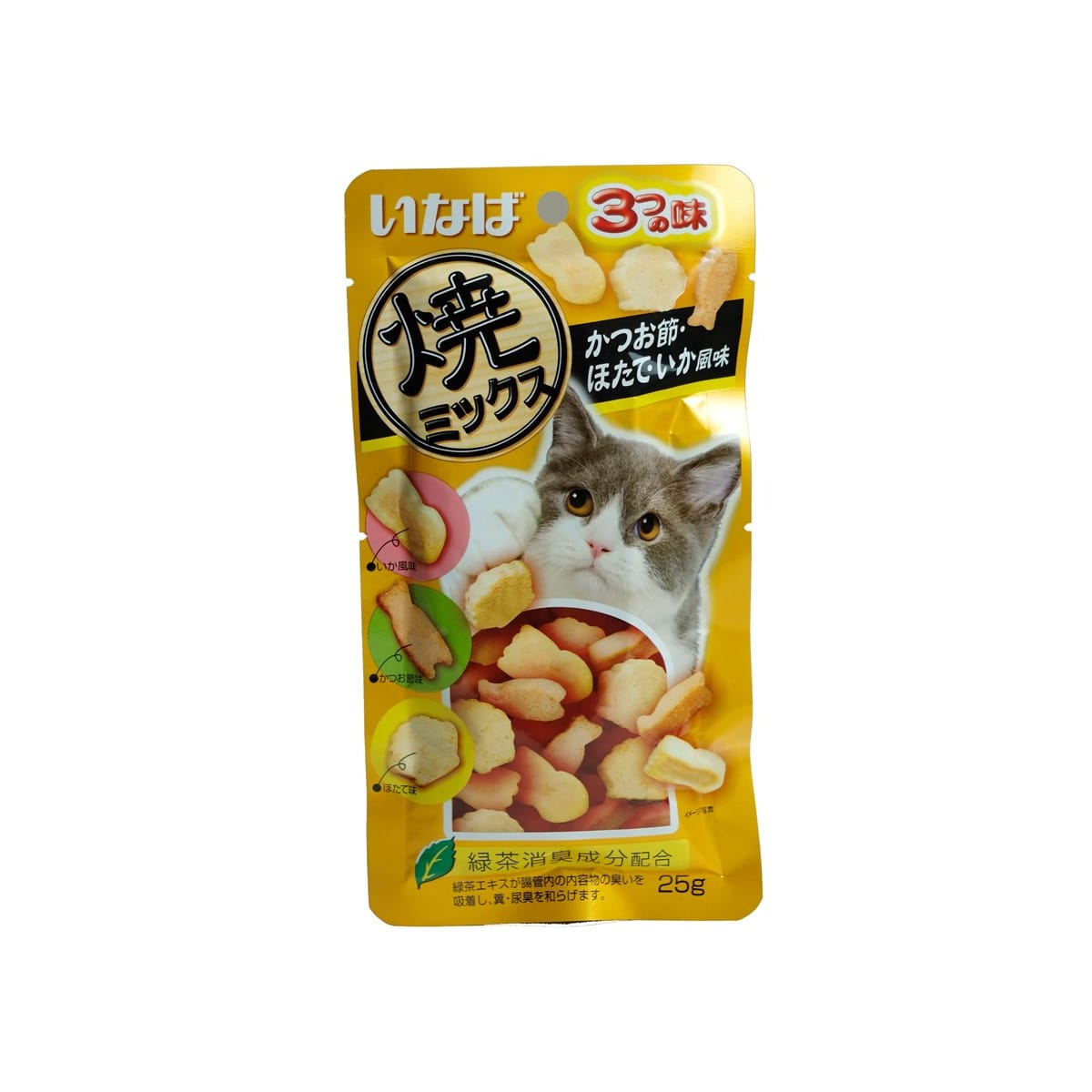 Inaba อินาบะ ขนมแมวนิ่ม สูตรทูน่า ไก่ ปลาโอแห้งและหอยเซลล์ รสปลาหมึก 25 g_1