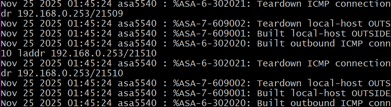 Nov 25 2025 01:45:24 asa5540 : %ASA-6-302021: Teardown ICMP connection