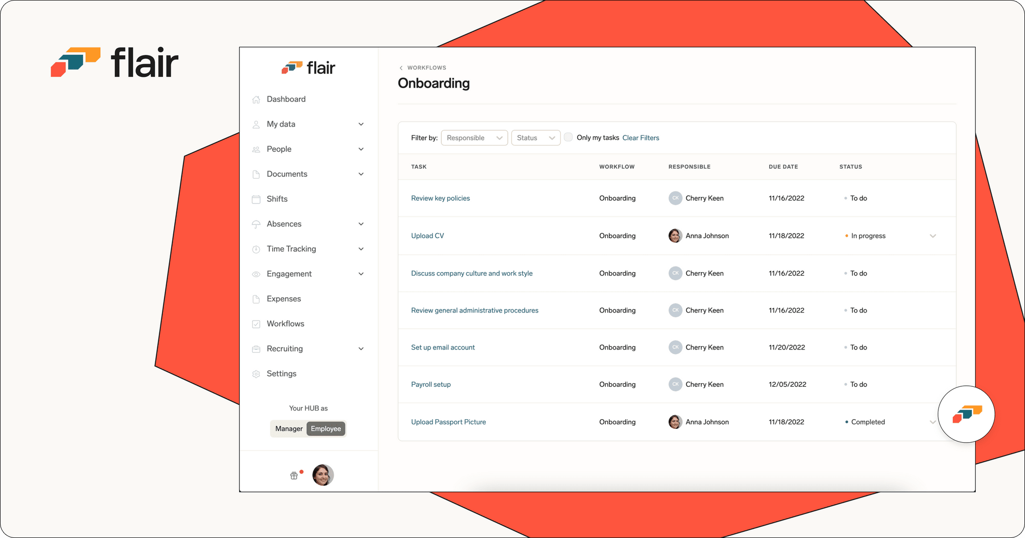 An onboarding worklfow in the flair Employee Hub