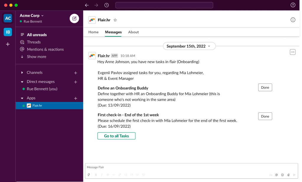 A screenshot of Slack, integrated with the flair.hr app.