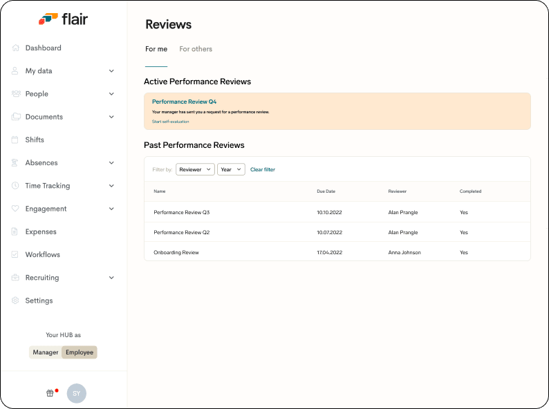 Screenshot of a performance review in the flair Employee Hub 