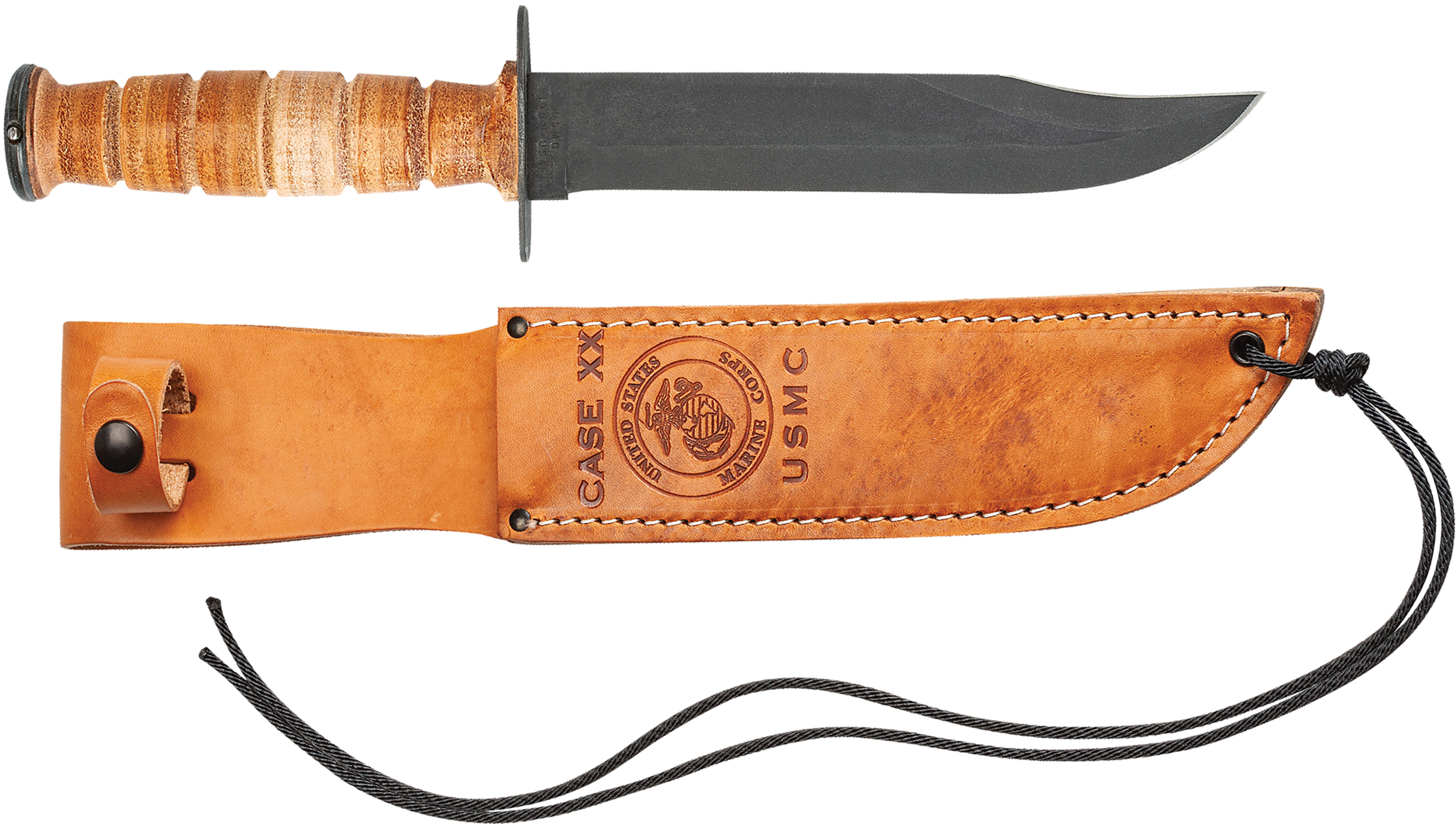Case USMC 00334 Knife 7 in Fixed Clip Point 1095 Carbon Steel Grooved Leath